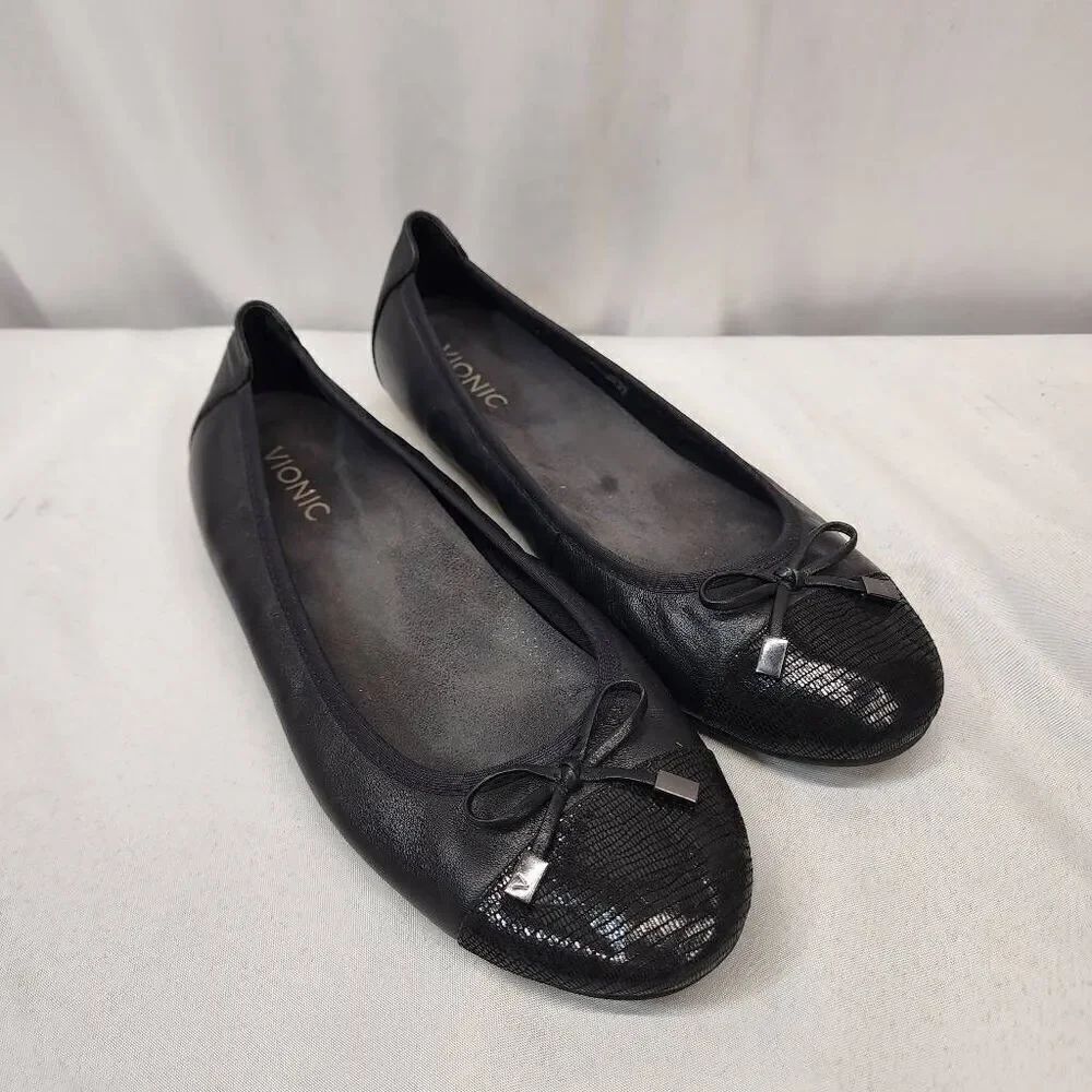 Vionic Minna Ballet Flat Shoes Women's 10 Black Leather Comfort Arc Support